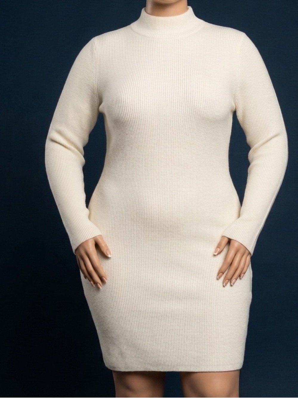Lands' End Cream Ribbed Mock-Neck Sweater Dress